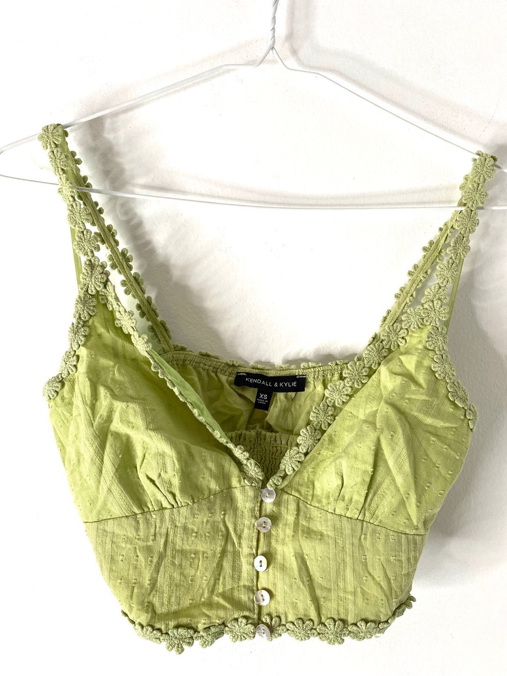 Kendall & Kylie Green Crop Top Floral Embroidered Trim V Neck Cottagecore Boho